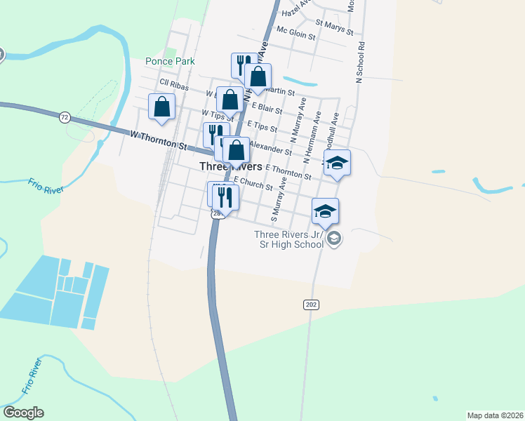 map of restaurants, bars, coffee shops, grocery stores, and more near 208 Le Roy Street in Three Rivers