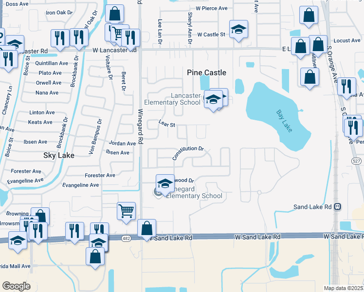 map of restaurants, bars, coffee shops, grocery stores, and more near 555 Thomas Jefferson Way in Orlando