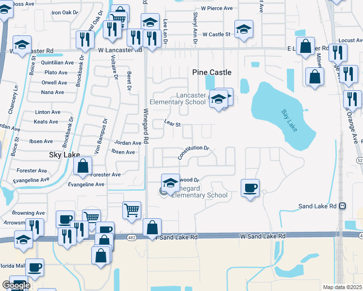 map of restaurants, bars, coffee shops, grocery stores, and more near 555 Thomas Jefferson Way in Orlando