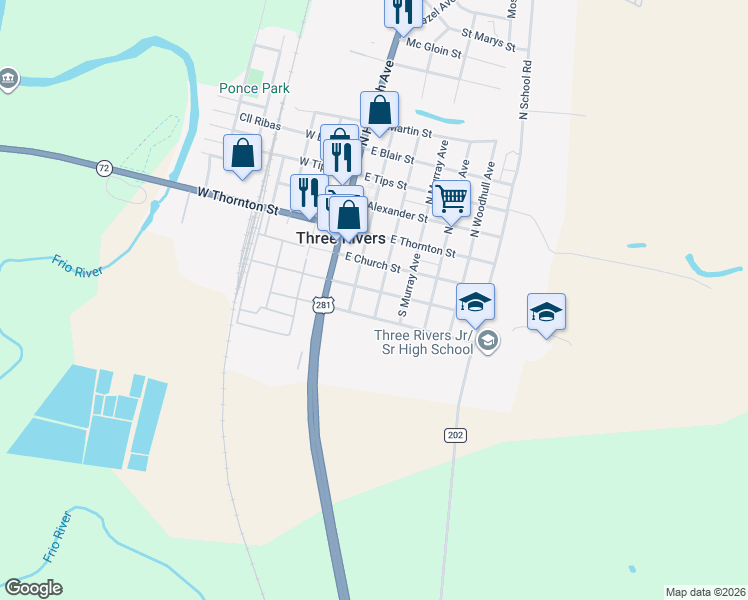 map of restaurants, bars, coffee shops, grocery stores, and more near 208 East Le Roy Street in Three Rivers