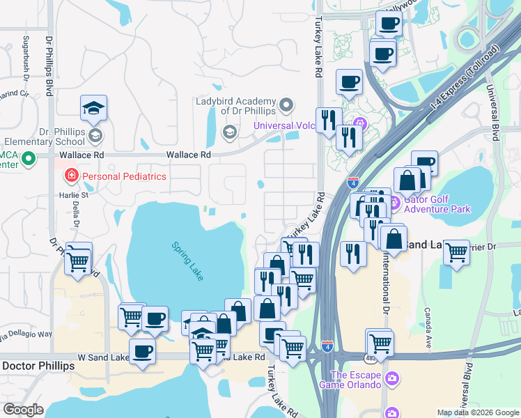 map of restaurants, bars, coffee shops, grocery stores, and more near 7324 Regina Way in Orlando