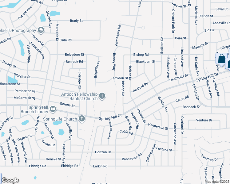 map of restaurants, bars, coffee shops, grocery stores, and more near 1445 Giles Avenue in Spring Hill