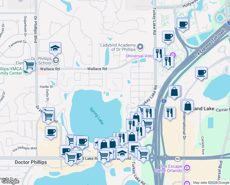 map of restaurants, bars, coffee shops, grocery stores, and more near 7345 Spring Villas Circle in Orlando