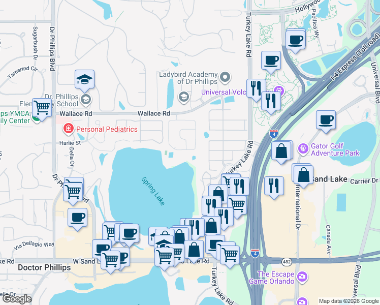 map of restaurants, bars, coffee shops, grocery stores, and more near 7345 Spring Villas Circle in Orlando