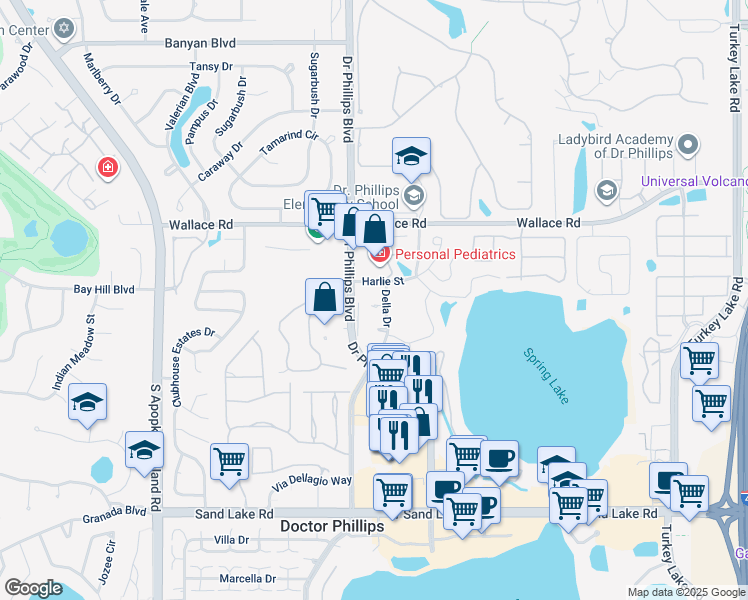 map of restaurants, bars, coffee shops, grocery stores, and more near 7214 Della Drive in Orlando