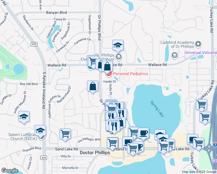 map of restaurants, bars, coffee shops, grocery stores, and more near 7202 Della Drive in Orlando