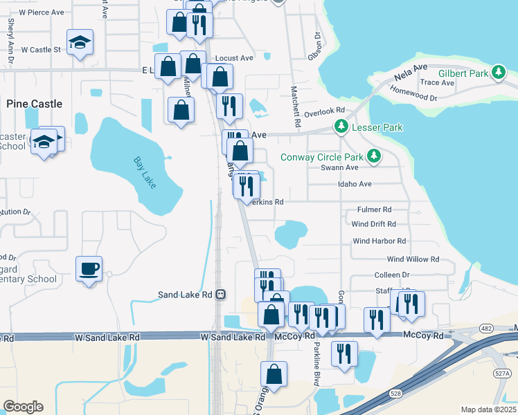 map of restaurants, bars, coffee shops, grocery stores, and more near 1032 Perkins Road in Orlando
