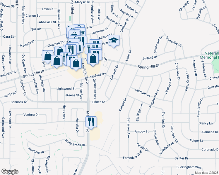 map of restaurants, bars, coffee shops, grocery stores, and more near 1446 Deborah Drive in Spring Hill