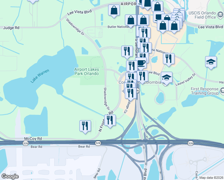 map of restaurants, bars, coffee shops, grocery stores, and more near 7200 North Frontage Road in Orlando