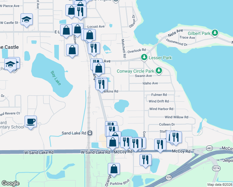 map of restaurants, bars, coffee shops, grocery stores, and more near 1210 Perkins Road in Orlando
