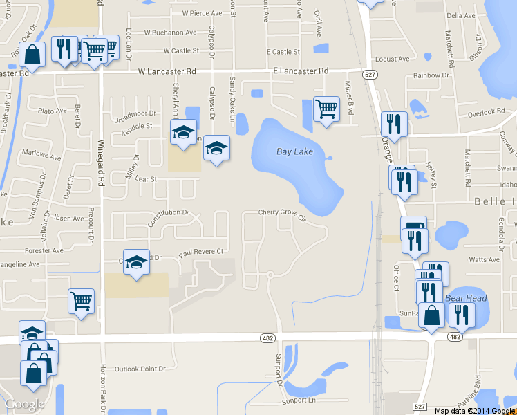 map of restaurants, bars, coffee shops, grocery stores, and more near 6543 Cherry Grove Circle in Orlando