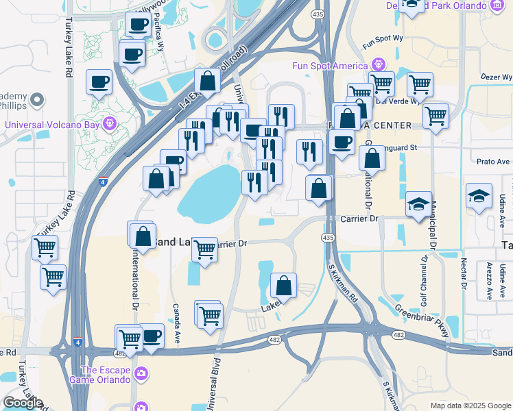 map of restaurants, bars, coffee shops, grocery stores, and more near 7299 Universal Boulevard in Orlando