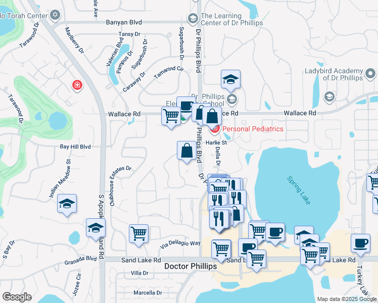 map of restaurants, bars, coffee shops, grocery stores, and more near 7815 Sugar Brook Court in Orlando