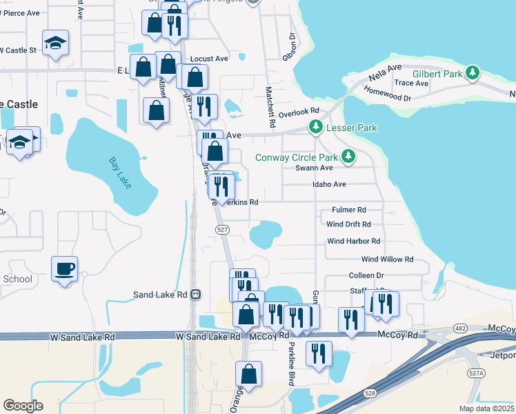 map of restaurants, bars, coffee shops, grocery stores, and more near 1210 Perkins Road in Orlando