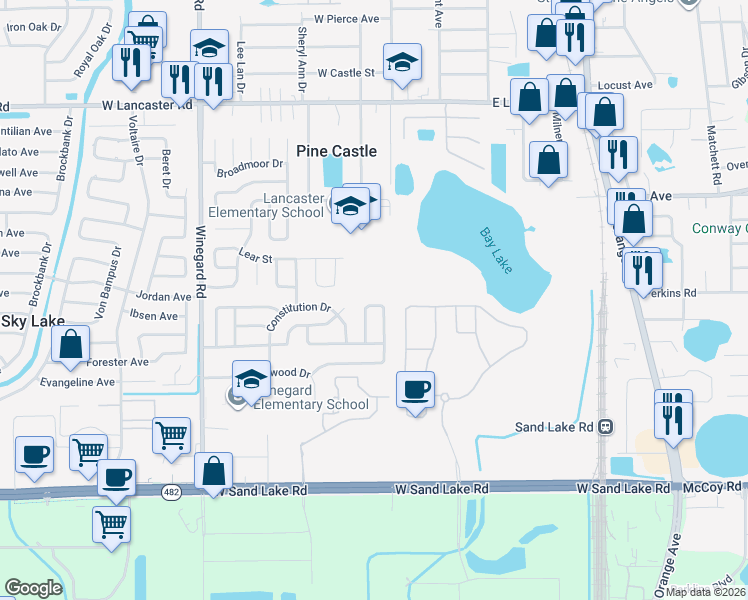 map of restaurants, bars, coffee shops, grocery stores, and more near 6749 Paul Revere Court in Orlando