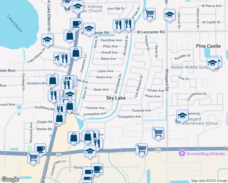 map of restaurants, bars, coffee shops, grocery stores, and more near 7406 Brockbank Drive in Orlando