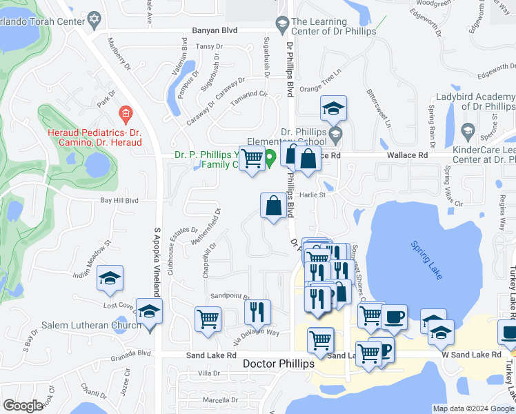 map of restaurants, bars, coffee shops, grocery stores, and more near 7853 Sugar Bend Drive in Orlando