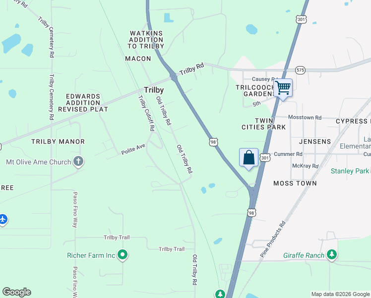map of restaurants, bars, coffee shops, grocery stores, and more near 20600 Old Trilby Road in Dade City