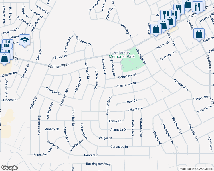 map of restaurants, bars, coffee shops, grocery stores, and more near 1701 Alameda Drive in Spring Hill