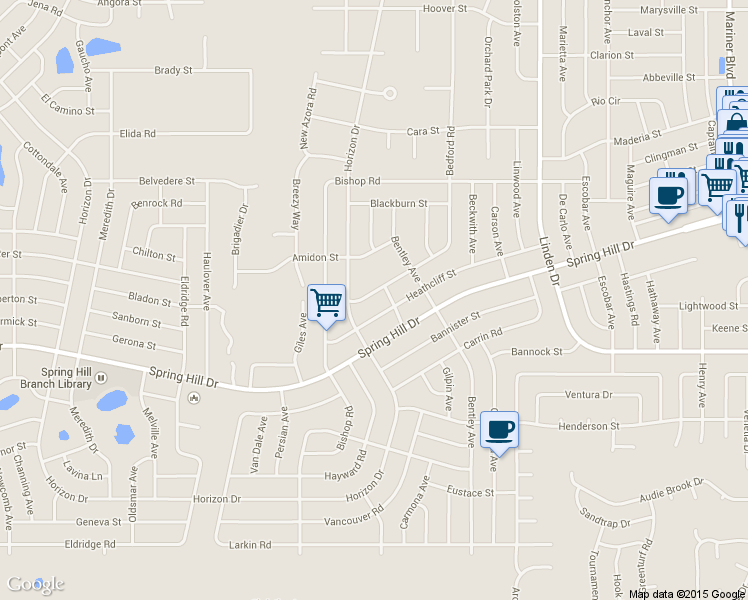 map of restaurants, bars, coffee shops, grocery stores, and more near 10066 Bedford Road in Spring Hill
