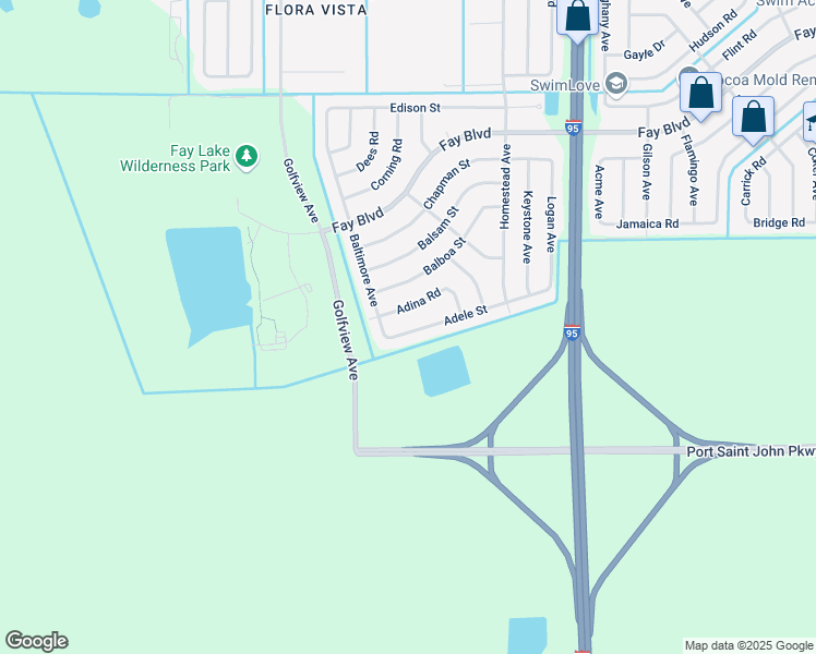 map of restaurants, bars, coffee shops, grocery stores, and more near 6120 Adele Street in Cocoa