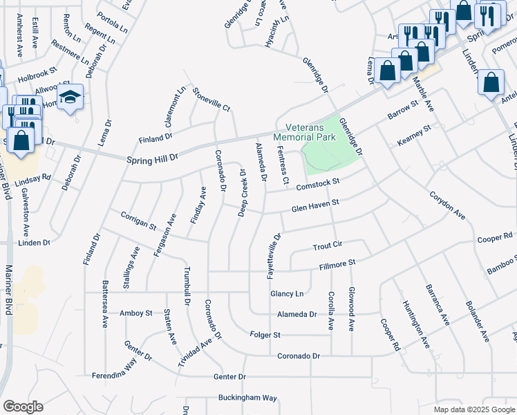 map of restaurants, bars, coffee shops, grocery stores, and more near 1701 Alameda Drive in Spring Hill