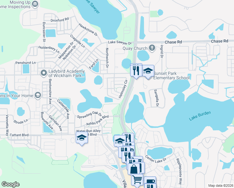 map of restaurants, bars, coffee shops, grocery stores, and more near 7092 Ventnor Drive in Windermere