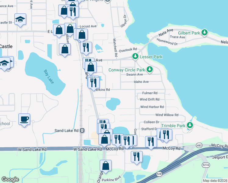 map of restaurants, bars, coffee shops, grocery stores, and more near 1210 Perkins Road in Orlando