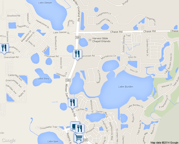 map of restaurants, bars, coffee shops, grocery stores, and more near 12447 Montalcino Circle in Windermere