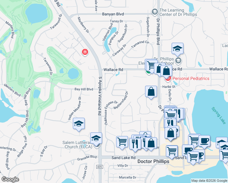 map of restaurants, bars, coffee shops, grocery stores, and more near 7302 Wethersfield Drive in Orlando