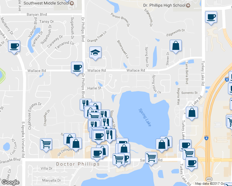 map of restaurants, bars, coffee shops, grocery stores, and more near 7671 Mabel Louise Lane in Orlando
