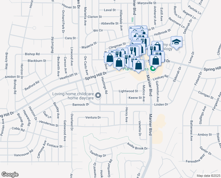 map of restaurants, bars, coffee shops, grocery stores, and more near 1445 Hathaway Avenue in Spring Hill