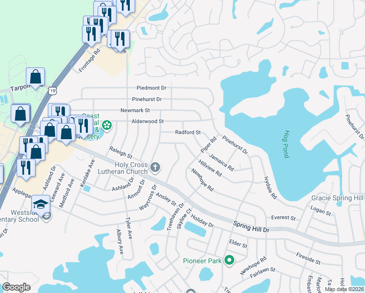 map of restaurants, bars, coffee shops, grocery stores, and more near 6260 Hillview Road in Spring Hill