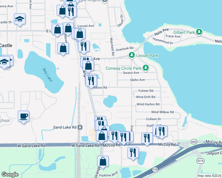 map of restaurants, bars, coffee shops, grocery stores, and more near 1210 Perkins Road in Orlando