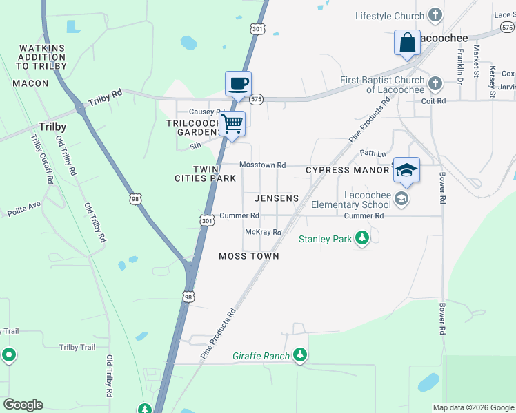 map of restaurants, bars, coffee shops, grocery stores, and more near 20553 Stewart Road in Dade City