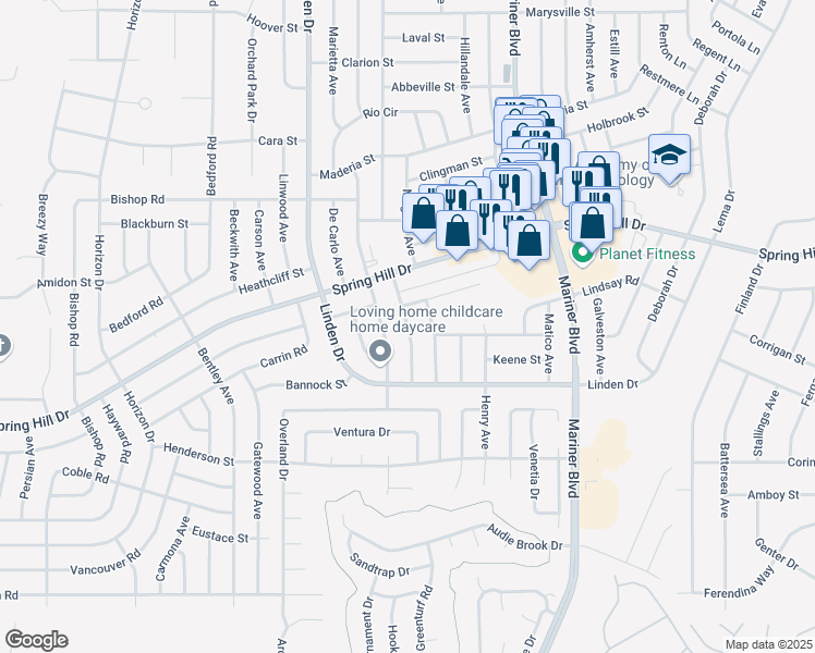 map of restaurants, bars, coffee shops, grocery stores, and more near Hastings Road in Spring Hill