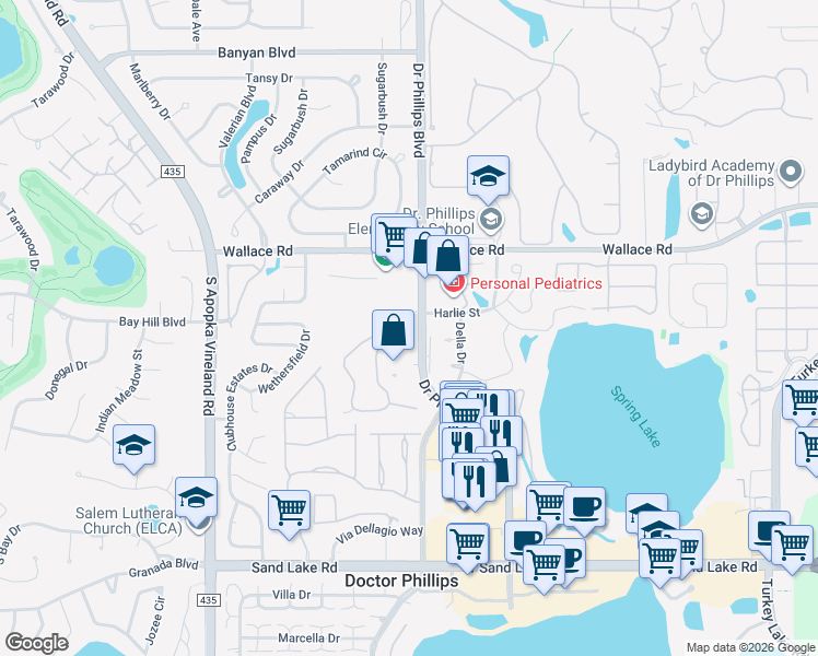 map of restaurants, bars, coffee shops, grocery stores, and more near 7815 Sugar Brook Court in Orlando