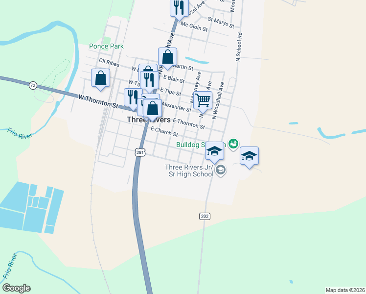 map of restaurants, bars, coffee shops, grocery stores, and more near 401 East Le Roy Street in Three Rivers