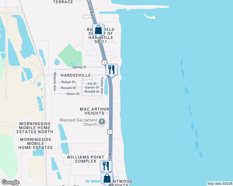 map of restaurants, bars, coffee shops, grocery stores, and more near 5280 U.S. 1 in Cocoa