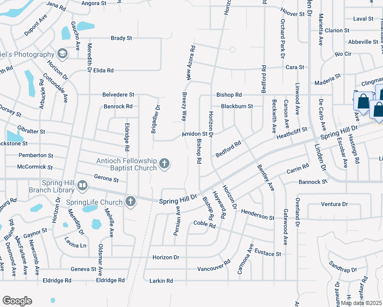 map of restaurants, bars, coffee shops, grocery stores, and more near 1445 Giles Avenue in Spring Hill