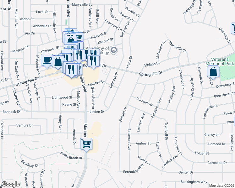map of restaurants, bars, coffee shops, grocery stores, and more near 11107 Linden Drive in Brooksville