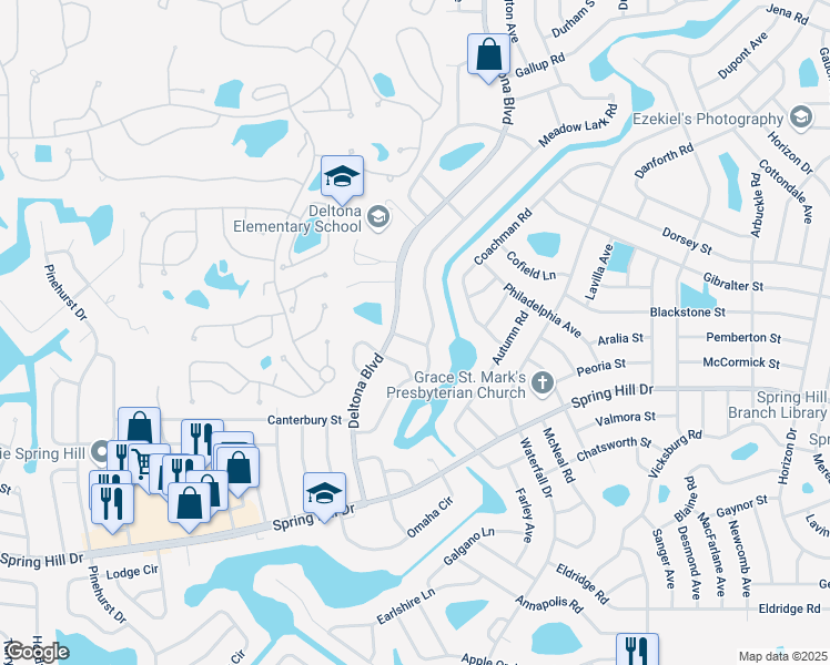 map of restaurants, bars, coffee shops, grocery stores, and more near 8163 Giffen Lane in Spring Hill