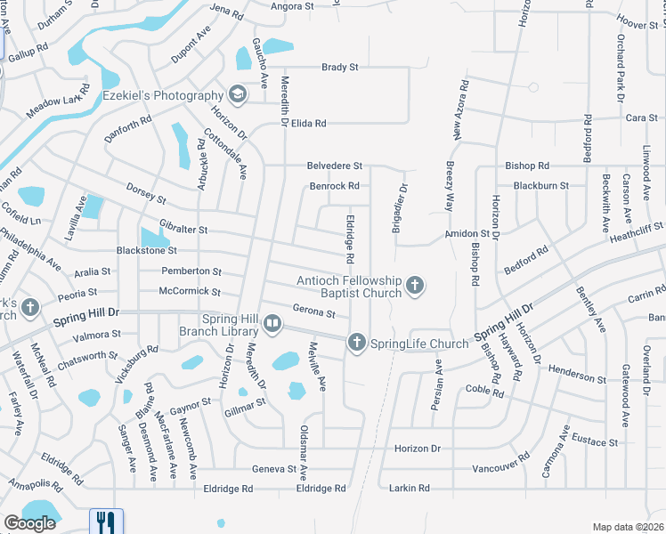 map of restaurants, bars, coffee shops, grocery stores, and more near 9291 Bladon Street in Spring Hill
