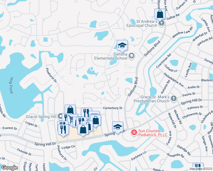 map of restaurants, bars, coffee shops, grocery stores, and more near 1418 Willow Creek Terrace in Spring Hill