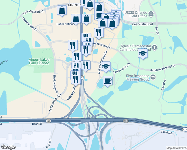 map of restaurants, bars, coffee shops, grocery stores, and more near 7300 Augusta National Drive in Orlando