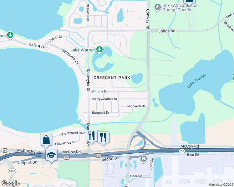 map of restaurants, bars, coffee shops, grocery stores, and more near 3901 Merryweather Drive in Orlando