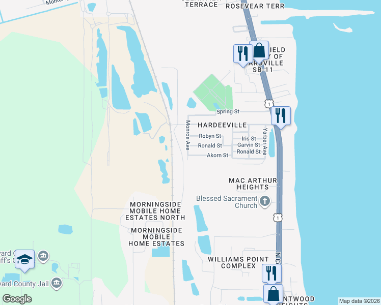 map of restaurants, bars, coffee shops, grocery stores, and more near 399 Akorn Street in Cocoa
