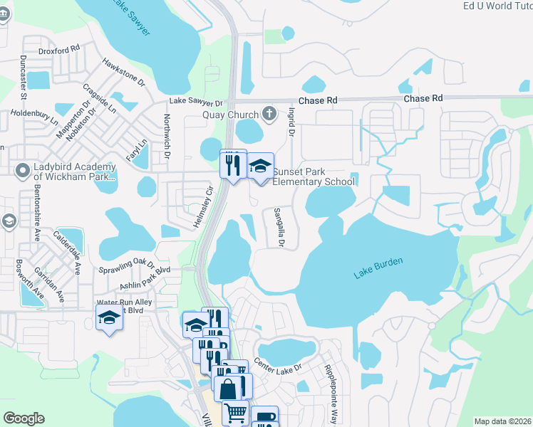 map of restaurants, bars, coffee shops, grocery stores, and more near 12447 Montalcino Circle in Windermere