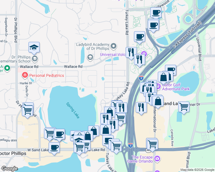 map of restaurants, bars, coffee shops, grocery stores, and more near 7324 Regina Way in Orlando