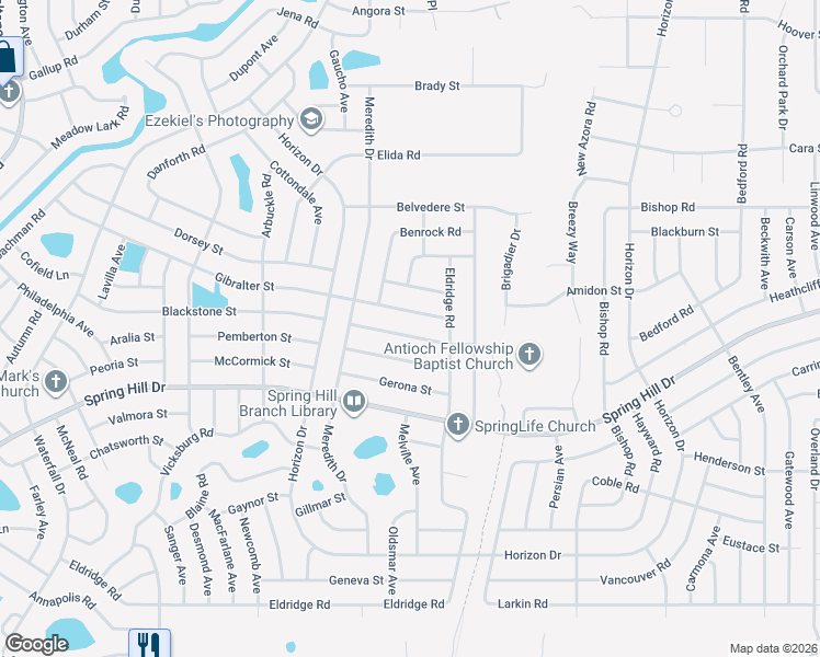 map of restaurants, bars, coffee shops, grocery stores, and more near 9291 Bladon Street in Spring Hill